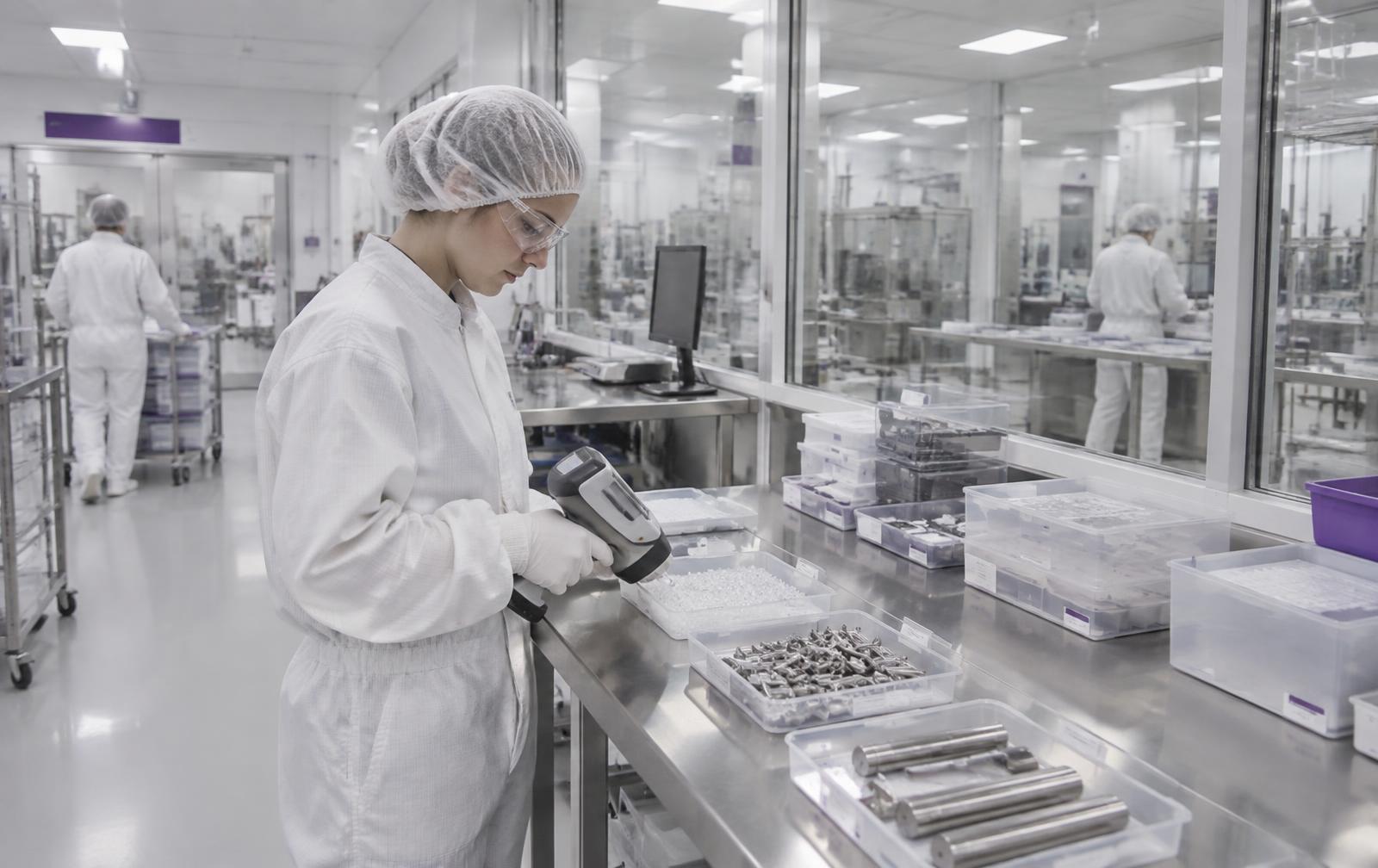 Technician verifying traceable materials in a scientific manufacturing cleanroom